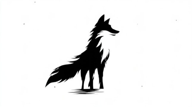 Minimalist high-definition black and white drawing of a fox standing alert, captured in side profile, clean logo style with crisp natural contours