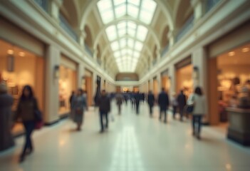 Vintage Style Blurred Shopping Mall Interior with People – Nostalgic Retail Background with Motion Blur

