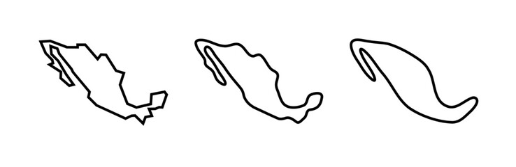 Mexico country black outline silhouettes in three different levels of smoothness. Simplified maps. Vector icons isolated on white background.