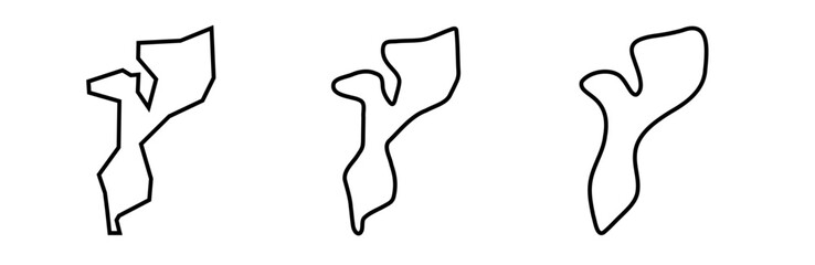 Mozambique country black outline silhouettes in three different levels of smoothness. Simplified maps. Vector icons isolated on white background.