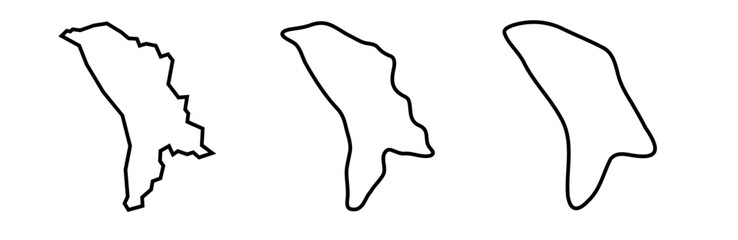 Moldova country black outline silhouettes in three different levels of smoothness. Simplified maps. Vector icons isolated on white background.