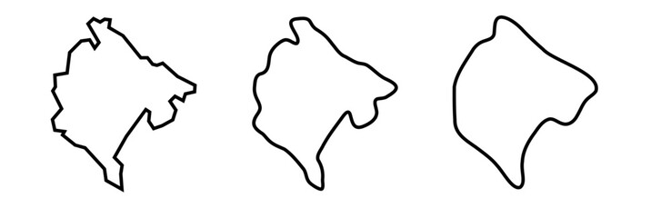 Montenegro country black outline silhouettes in three different levels of smoothness. Simplified maps. Vector icons isolated on white background.
