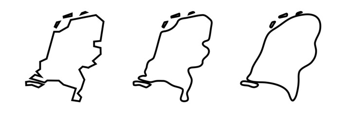 Netherlands country black outline silhouettes in three different levels of smoothness. Simplified maps. Vector icons isolated on white background.