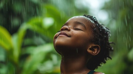 Smiling African child feeling tropical rain capturing the emotional impact of limited water access