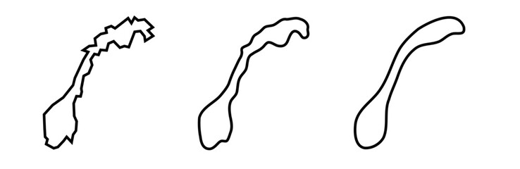 Norway country black outline silhouettes in three different levels of smoothness. Simplified maps. Vector icons isolated on white background.