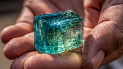 Rough paraiba tourmaline gemstone on hand. Ai generative.
