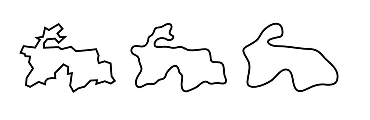 Tajikistan country black outline silhouettes in three different levels of smoothness. Simplified maps. Vector icons isolated on white background.