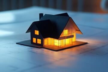 Illuminated model house on blueprints showcasing architectural design and residential construction concept