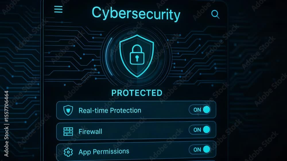 Poster a sleek cybersecurity interface displaying protection features, including real-time protection and f