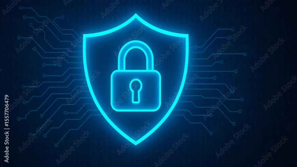 Poster a striking blue digital shield icon representing cybersecurity, featuring a padlock and circuit patt