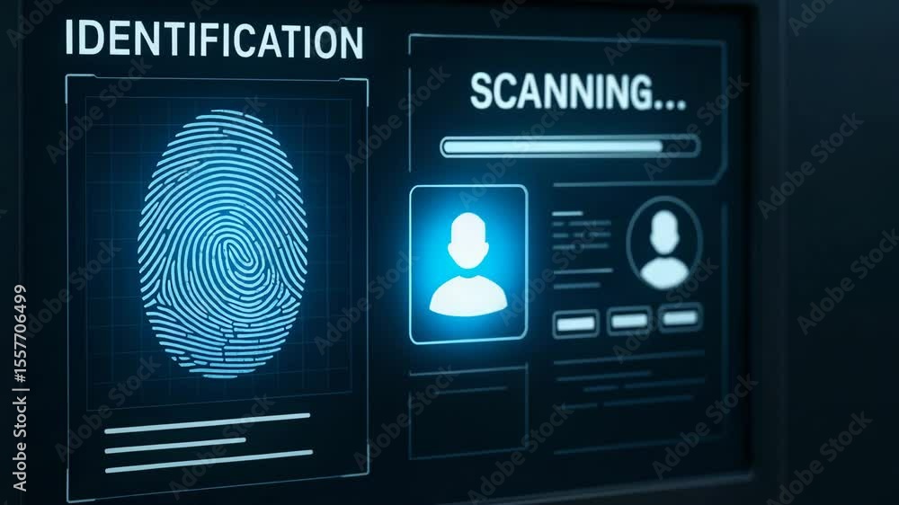 Poster close-up of a fingerprint scanner activating on a digital interface, showcasing biometric identifica