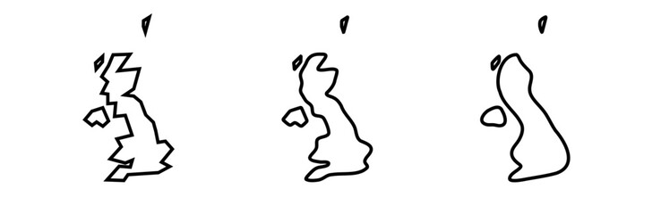 United Kingdom of Great Britain and Northern Ireland country black outline silhouettes in three different levels of smoothness. Simplified maps. Vector icons isolated on white background.