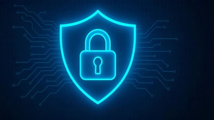 A striking blue digital shield icon representing cybersecurity, featuring a padlock and circuit patterns that symbolize data protection and online safety in a modern technological - Powered by Adobe
