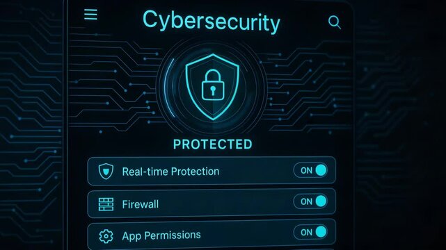 A sleek cybersecurity interface displaying protection features, including real-time protection and firewall settings
