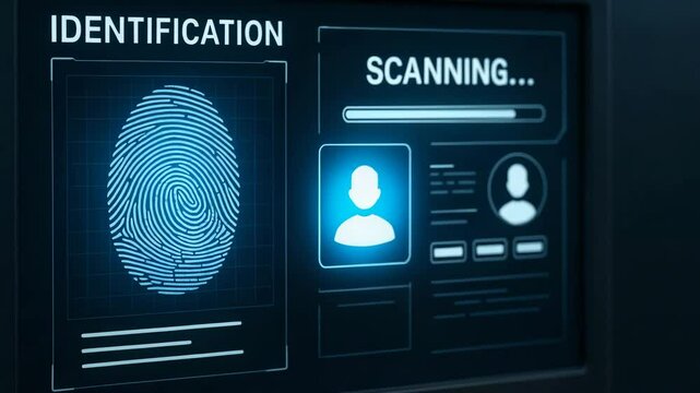 Close-up of a fingerprint scanner activating on a digital interface, showcasing biometric identification technology in action. A user's finger is placed for scanning.