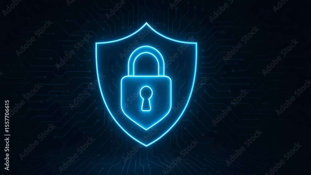 Poster a glowing blue shield with a lock icon symbolizes digital security and data protection in a modern t