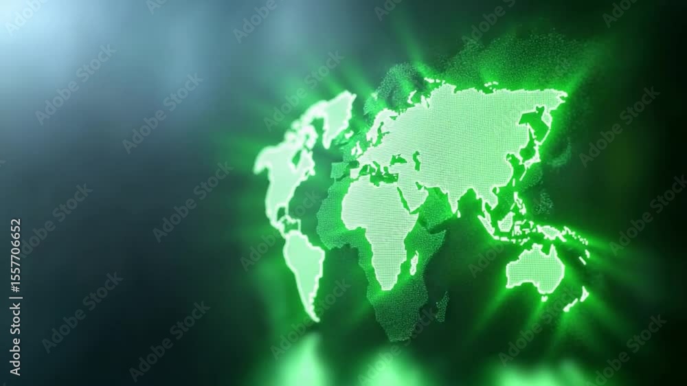 Poster global network: an abstract, glowing green world map radiates energy and connectivity, symbolizing g
