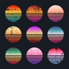Grunge vintage colorful sunset. Striped gradient sunrise badges in 80s and 90s style. Sun and ocean view, summer vibes, surfing. Design element for print, logo or t-shirt. Vector illustration