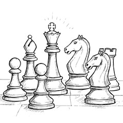 Chess pieces on board. King queen knight bishop pawn chess set on chessboard. Classic chess game concept for strategy game.