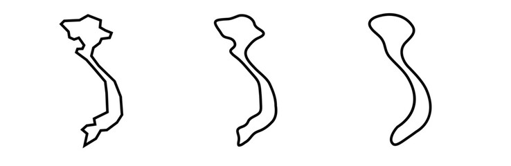 Vietnam country black outline silhouettes in three different levels of smoothness. Simplified maps. Vector icons isolated on white background.