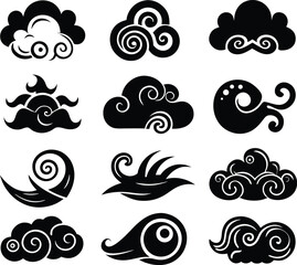 Set of Decorative Cloud and Wind Icons Black Swirl Silhouette Vector Collection