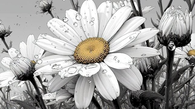 Hyper-detailed line art of a daisy in full bloom, sharp focus on petal symmetry, no texture, vector outline elegance