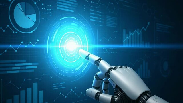 A robotic hand interacting with a digital interface, showcasing advanced technology and innovation in automation, highlighting the intersection of intelligence and human design.