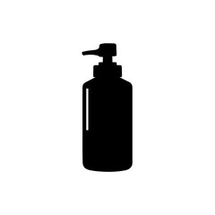 Black pump bottle icon on white background, representing liquid dispenser. Versatile pump bottle icon symbolizes hygiene products, cosmetic packaging, cleaning supplies.