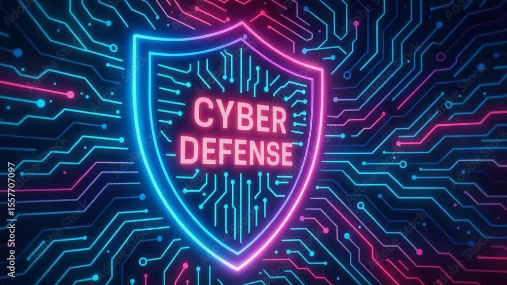 Poster a vibrant digital representation of cyber defense, featuring a glowing shield against a backdrop of 