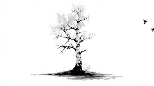 Logo-style minimalist rendering of a birch tree with vertical trunk detail and sparse branches, no shading