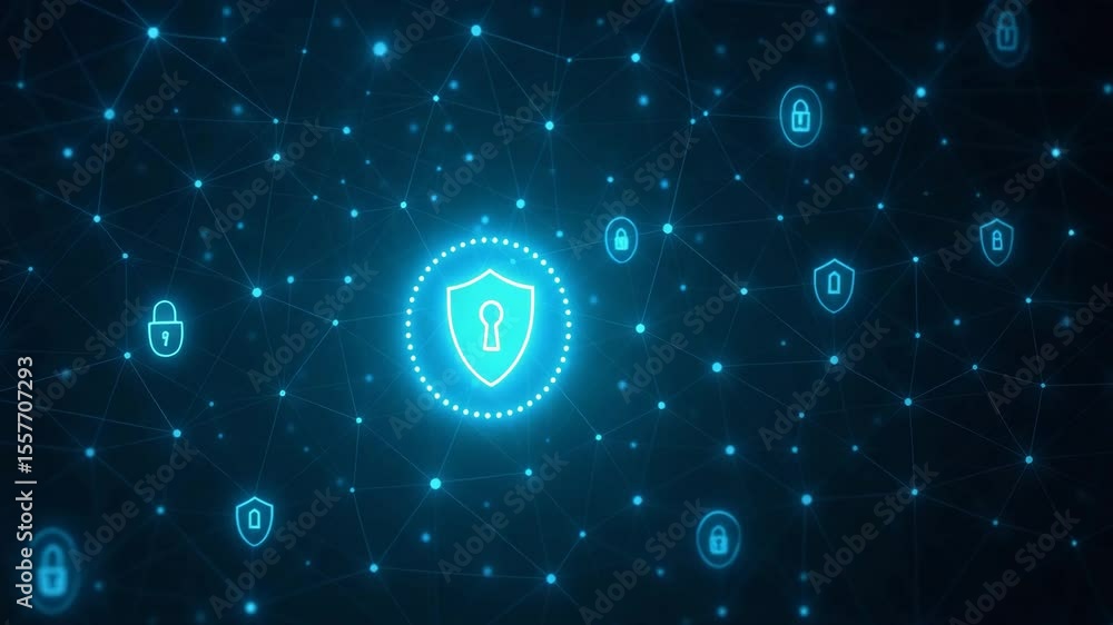 Poster a high-tech digital landscape featuring interconnected locks, representing cybersecurity and data pr