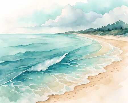 tropical beach with waves watercolour style