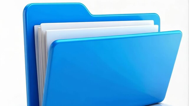 Blue plastic folder with white papers and reflections. Abstract file concept illustration for information or presentation.