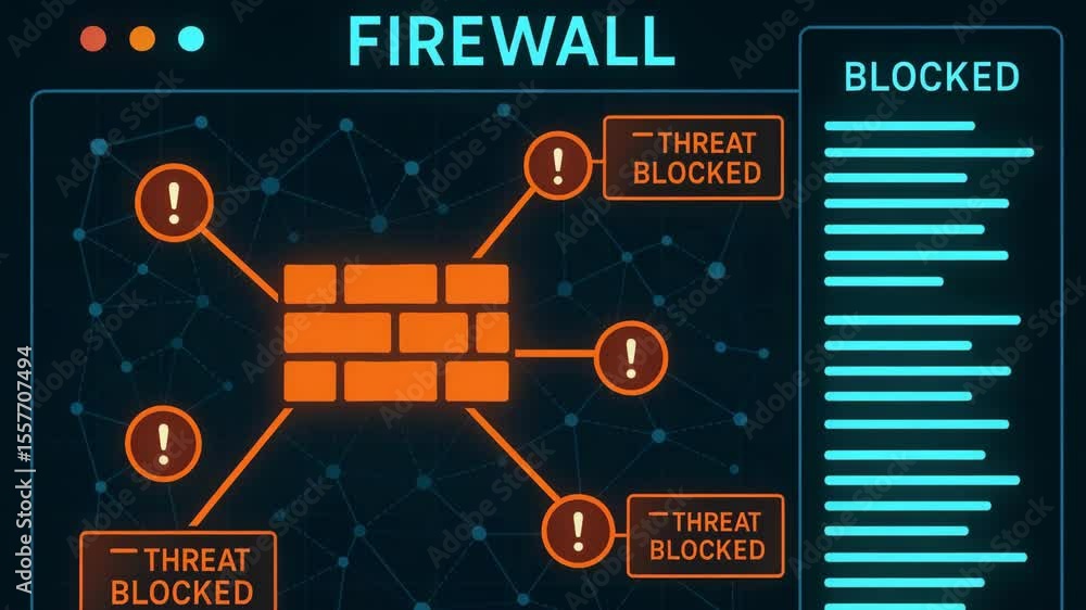 Poster a digital representation of a firewall system with threats being blocked and monitored. the interfac