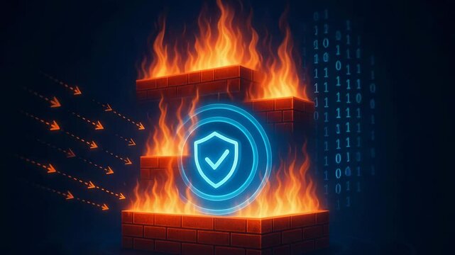 A vibrant digital illustration featuring a firewall surrounded by flames, symbolizing cybersecurity. The graphic showcases protection in the face of increased digital threats.