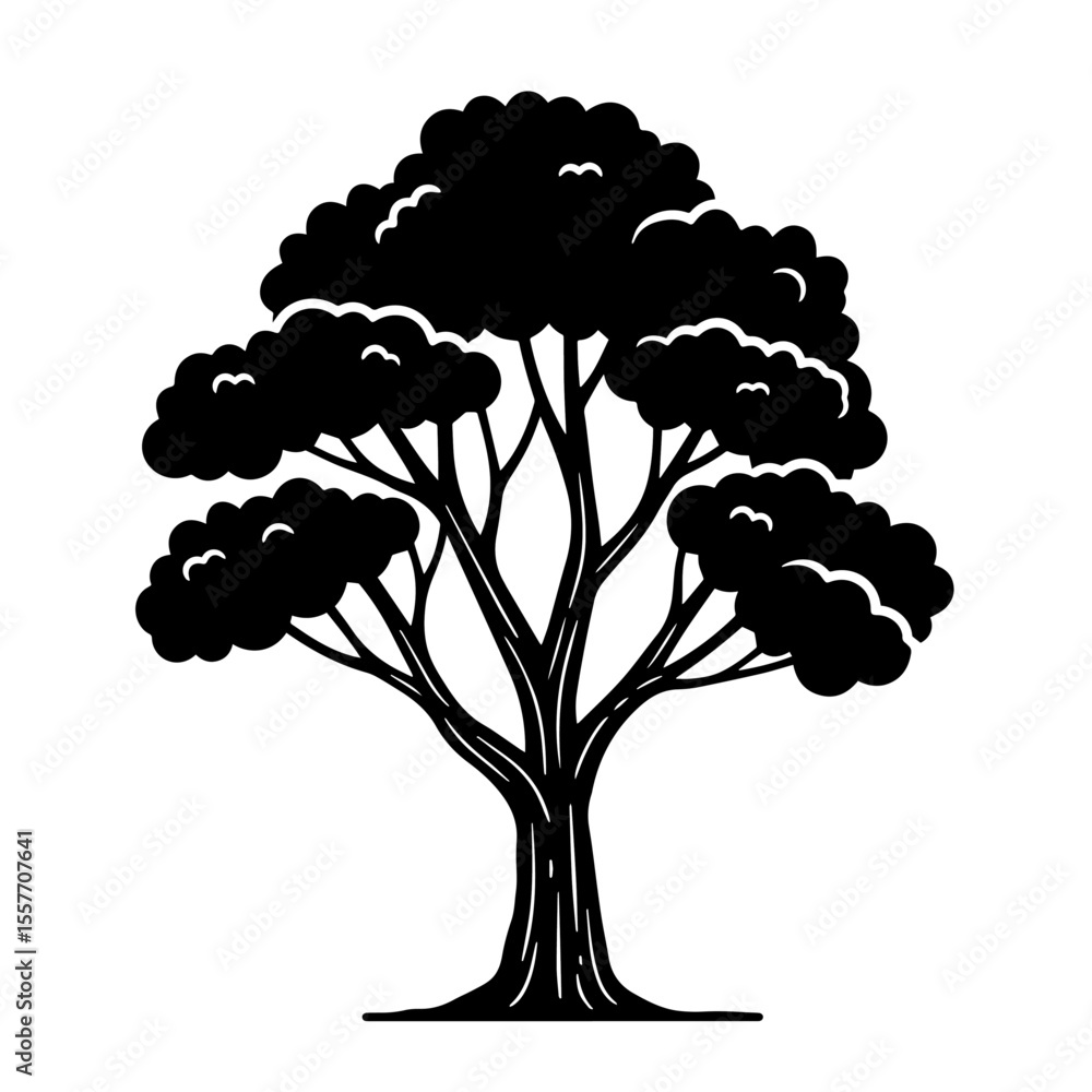 Poster silhouette of large tree. strong tree trunk and lush crown symbolize nature protection. image ideal 