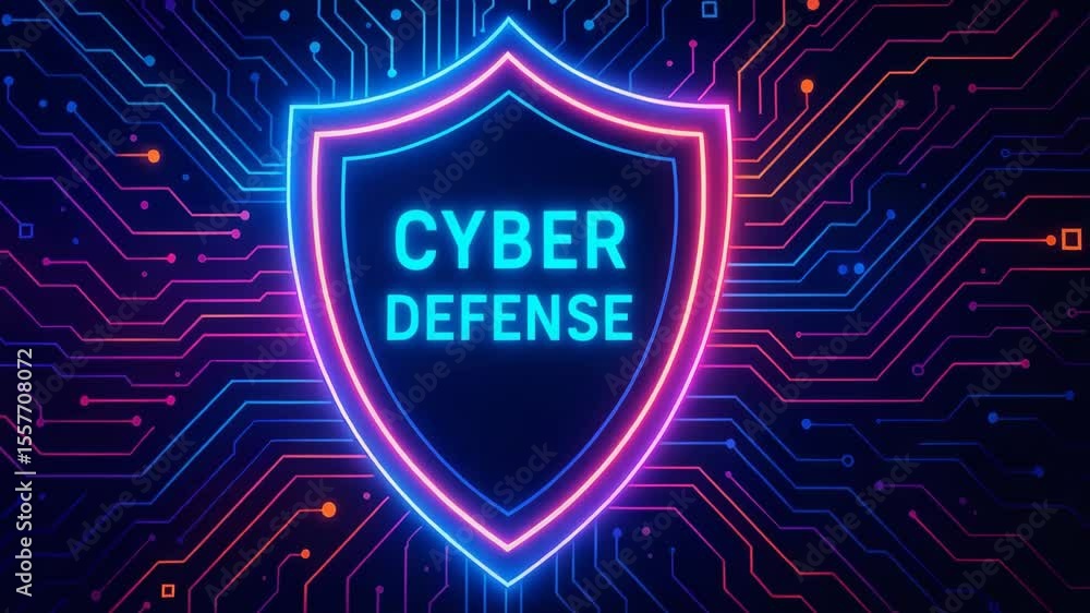 Poster a vibrant digital illustration showcasing a neon blue shield symbolizing cyber defense, surrounded b