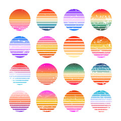 Grunge vintage colorful sunset. Striped gradient sunrise badges in 80s and 90s style. Sun and ocean view, summer vibes, surfing. Design element for print, logo or t-shirt. Vector illustration