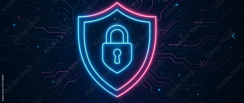 Poster a digital security shield graphic featuring a padlock, surrounded by intricate circuit patterns in b
