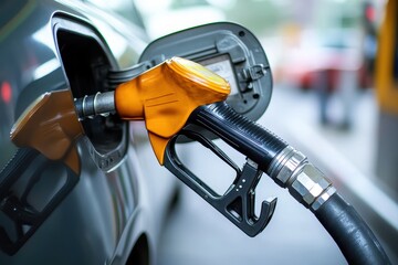 Closeup of a Gasoline Nozzle at the Fueling Station, Focusing on the Diesel Pump for Efficient Refueling