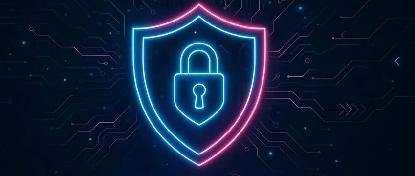 A digital security shield graphic featuring a padlock, surrounded by intricate circuit patterns in blue and pink tones, symbolizing data protection and cybersecurity.