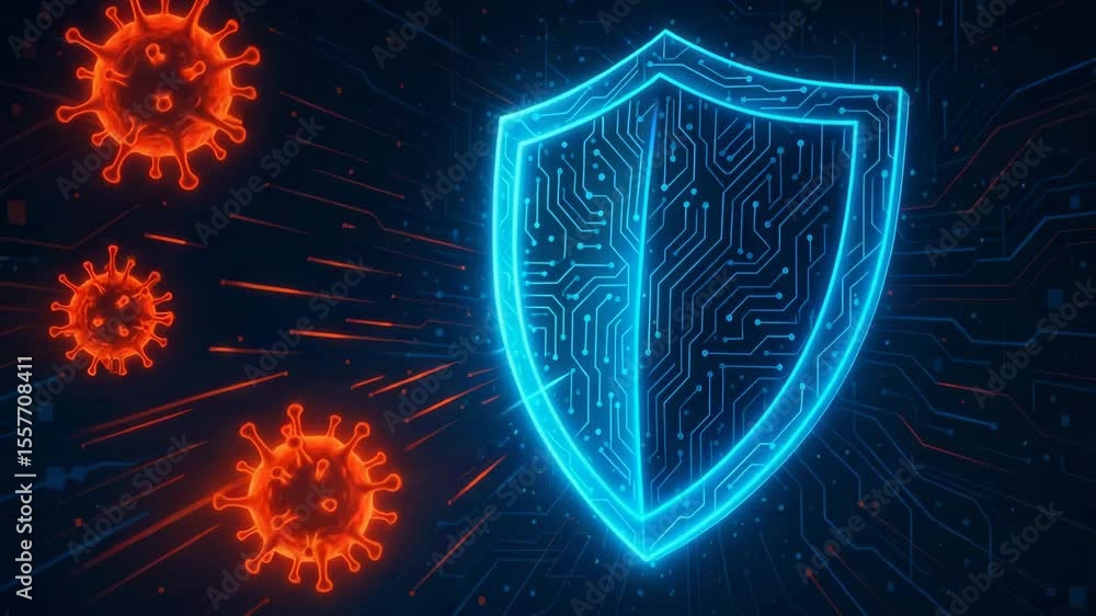 Poster a digital shield representing cybersecurity against viruses depicted in a futuristic design. this im