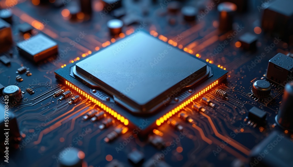 Poster futuristic computer cpu central processing unit close-up. motherboard with metallic textures, circui