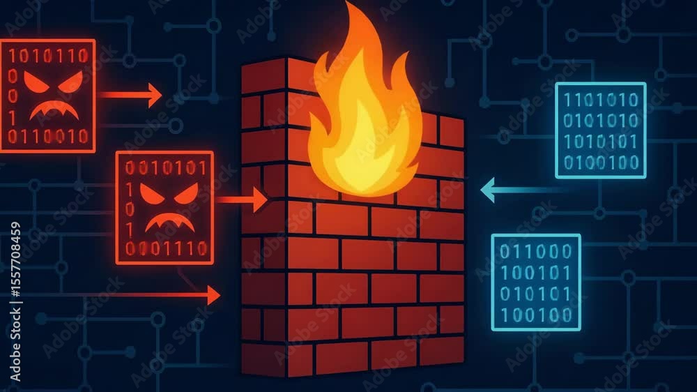 Poster a digital illustration of a firewall protecting against cyber threats, showcasing data packets and b