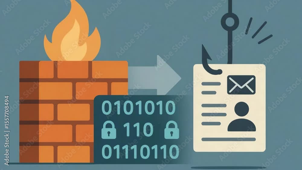 Poster an illustrated concept of cybersecurity featuring a firewall and phishing attack. visual representat