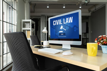 Civil law brisk information showing on computer screen for Common Justice Legal Regulation Rights...