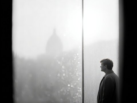 A Man's Contemplative Moment: Lost in Thought by a City Window on a Foggy Day. A Black and White Masterpiece of Solitude and Reflection