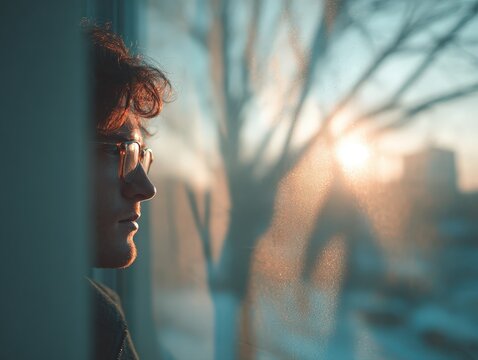 A Young Man's Contemplative Gaze: A Portrait of Introspection and Quiet Reflection at Sunset