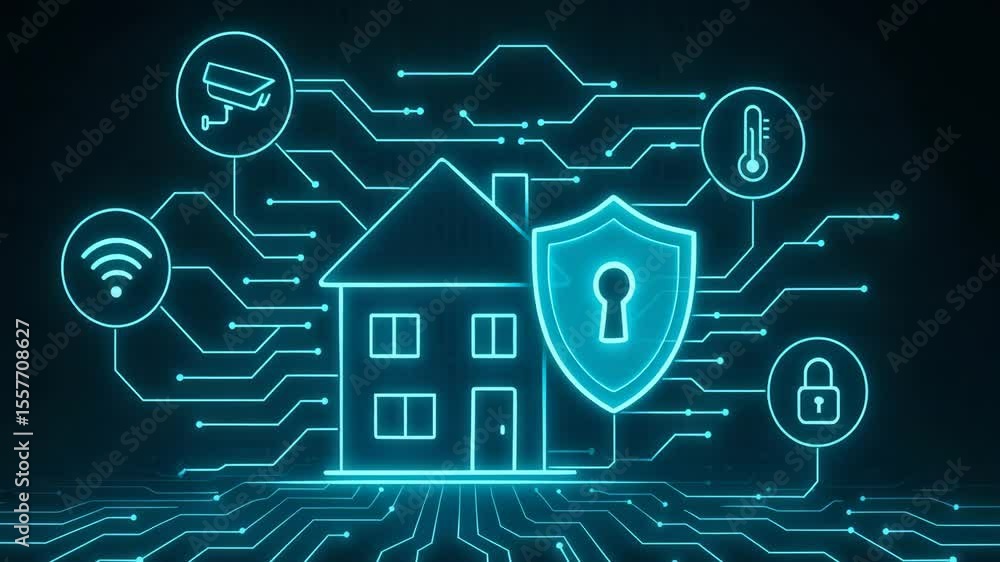 Poster a digital representation of a smart home security system, featuring icons for cameras, locks, and se