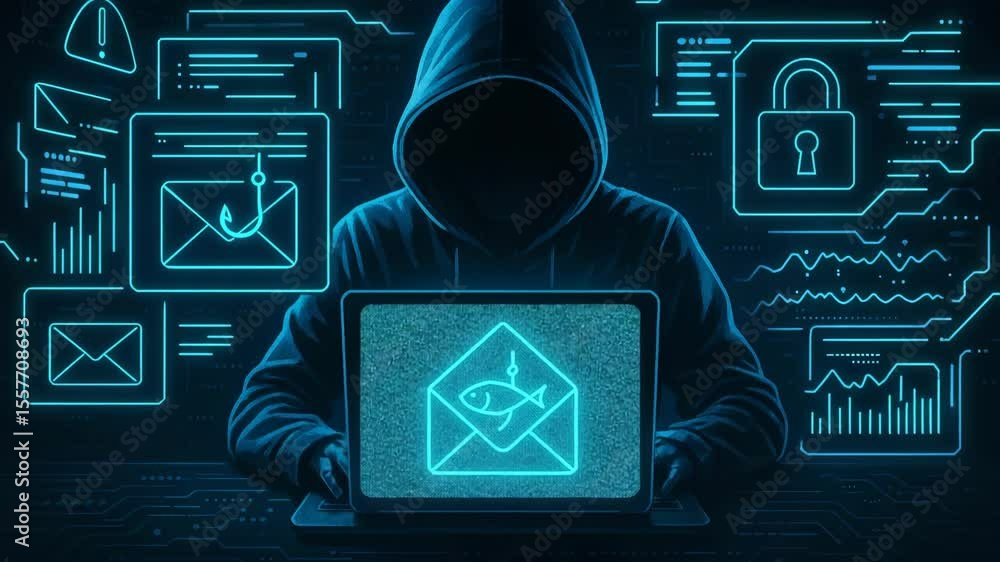 Poster a digital representation of cybersecurity threats, featuring a hacker in a hoodie using a laptop. th